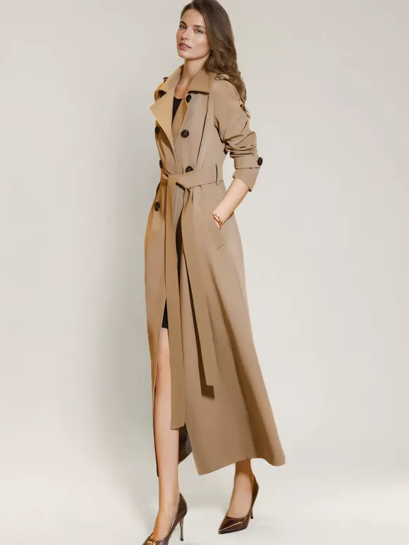 Trench-Coat Veste Longue Femme En Polyester Décontracté Col Rabattu Boutons Manches Longues