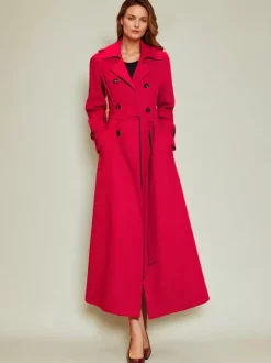 Trench-Coat Veste Longue Femme En Polyester Décontracté Col Rabattu Boutons Manches Longues
