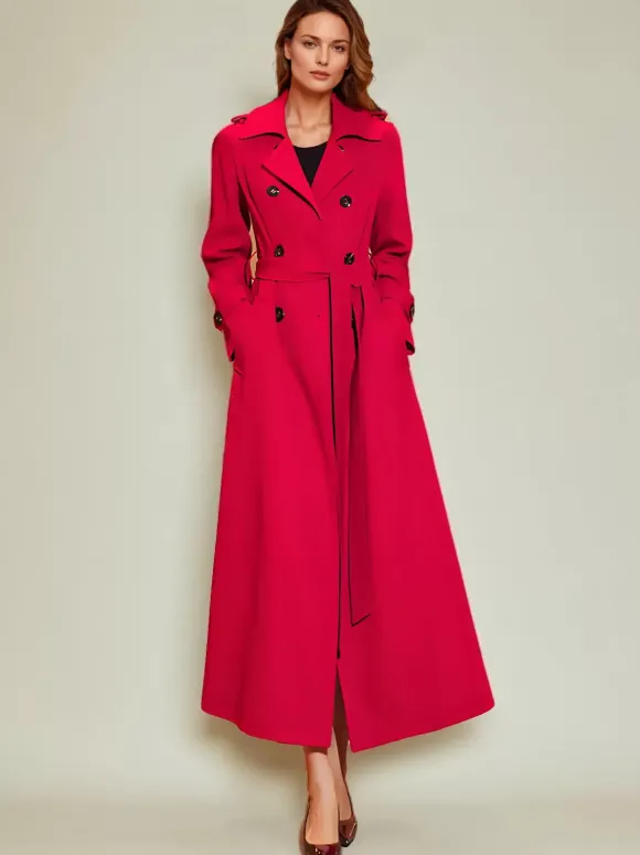 Trench-Coat Veste Longue Femme En Polyester Décontracté Col Rabattu Boutons Manches Longues