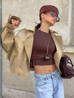 Trench-coat court kaki pour femme - Coupe-vent à manches lanternes et revers - Vêtements d'extérieur décontractés printemps 2026