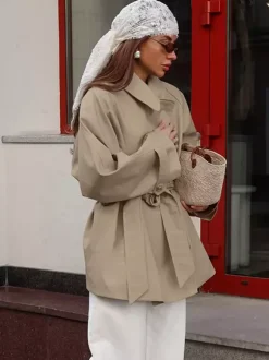 Trench-coat court oversize à revers et ceinture à nouer à la taille pour femme