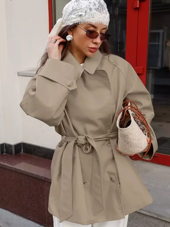 Trench-coat court oversize à revers et ceinture à nouer à la taille pour femme