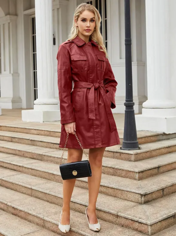 Trench-Coat en cuir PU col rabattu manches longues vêtements d'extérieur d'automne