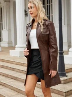 Trench-Coat en cuir PU col rabattu manches longues vêtements d'extérieur d'automne
