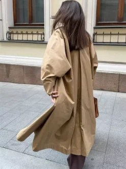 Trench-coat long classique pour femme - Kaki minimaliste coupe décontractée boutonnage simple - Vêtements d'extérieur printemps 2026 parfaits pour le bureau et le dîner