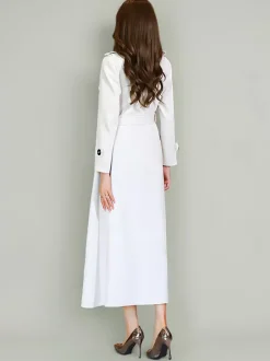 Trench-Coat Pour Femme Ceinture Veste Longue Blanche Col Rabattu Manches Longues Polyester Bouton