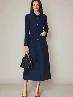 Trench-Coat Veste Longue Tendance En Polyester Pour Femme Col Rabattu Ceinture
