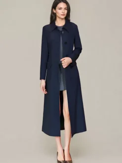 Trench-Coat Veste Longue Tendance En Polyester Pour Femme Col Rabattu Ceinture