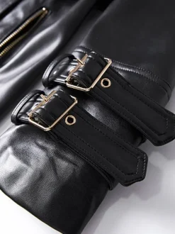 Trench femme pratique cuir PU col rabattu boutons manches longues