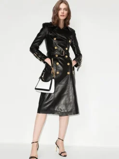 Trench femme pratique cuir PU col rabattu boutons manches longues