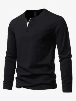 T-Shirt À Manches Longues Col En V En Coton Homme Haut Décontracté Confortable