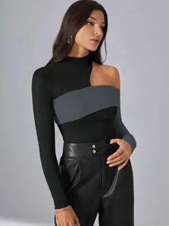 T-Shirt À Manches Longues En Polyester Noir Décolleté Asymétrique Femme