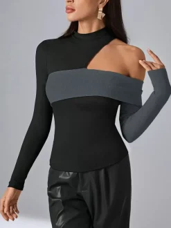 T-Shirt À Manches Longues En Polyester Noir Décolleté Asymétrique Femme