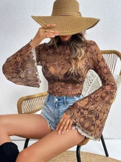 T-shirt à manches longues marron à imprimé floral et col montant en polyester pour femme