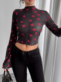 T-shirt à manches longues marron à imprimé floral et col montant en polyester pour femme