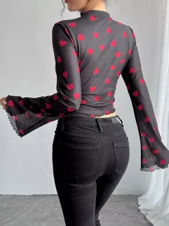 T-shirt à manches longues marron à imprimé floral et col montant en polyester pour femme