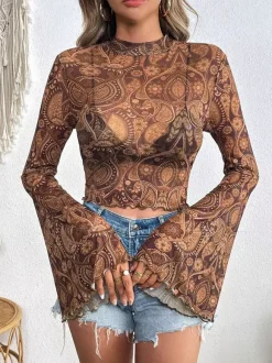 T-shirt à manches longues marron à imprimé floral et col montant en polyester pour femme