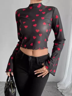 T-shirt à manches longues marron à imprimé floral et col montant en polyester pour femme