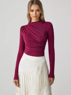T-shirt basique pour femme à manches longues plissé à demi-col roulé Slim Fit Printemps Tops 2026