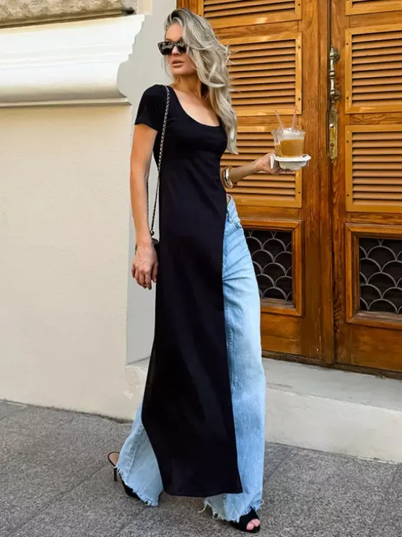 T-shirt noir à manches courtes et col en U pour femme