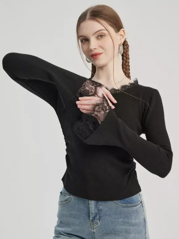 T-shirt basique noir avec décoration en dentelle col ras du cou haut de printemps pour femme 2026