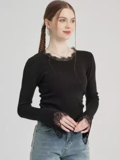 T-shirt basique noir avec décoration en dentelle col ras du cou haut de printemps pour femme 2026
