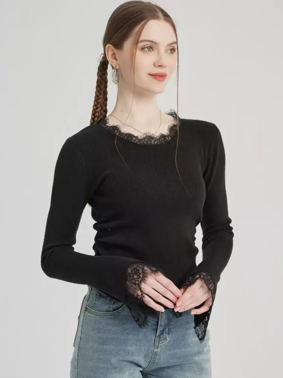 T-shirt basique noir avec décoration en dentelle col ras du cou haut de printemps pour femme 2026