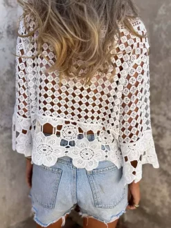 T-shirt bohème ajouré en crochet blouse blanche à col en V et lacets en dentelle
