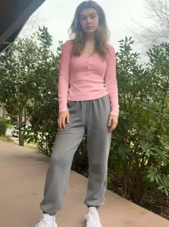 T-shirt Henley côtelé pour femme - Coupe ajustée col V manches longues boutonnage sur le devant - Idéal pour le printemps 2026