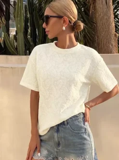 T-shirt à manches courtes abricot clair à col rond pour femme