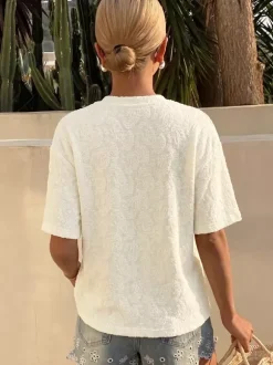 T-shirt à manches courtes abricot clair à col rond pour femme