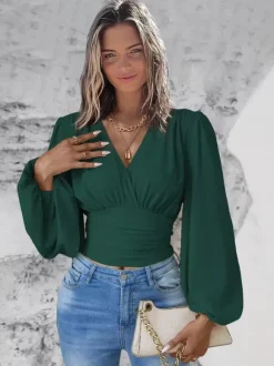 T-Shirt À Manches Longues Bouffantes Col En V Vert Foncé Pour Femme