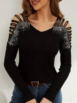 T-shirt à manches longues en coton noir avec strass et décolleté en V pour femme