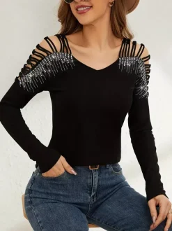 T-shirt à manches longues en coton noir avec strass et décolleté en V pour femme