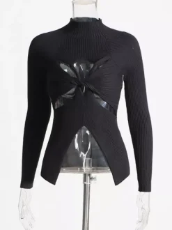 T-shirt à manches longues noir à découpes et col montant torsadé pour femme