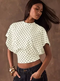 T-shirt à manches 3/4 rose à pois col rond pour femme