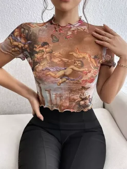 T-shirt slim à manches courtes et bordure en maille imprimée ange Cupidon pour femme 2026