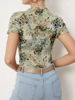 T-shirt slim à manches courtes et bordure en maille imprimée ange Cupidon pour femme 2026