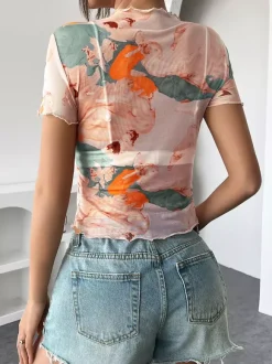 T-shirt slim à manches courtes et bordure en maille imprimée ange Cupidon pour femme 2026