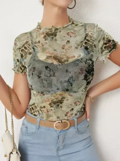 T-shirt slim à manches courtes et bordure en maille imprimée ange Cupidon pour femme 2026
