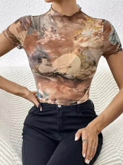T-shirt slim à manches courtes et bordure en maille imprimée ange Cupidon pour femme 2026