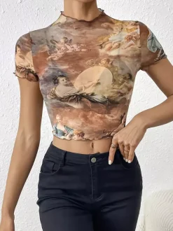 T-shirt slim à manches courtes et bordure en maille imprimée ange Cupidon pour femme 2026