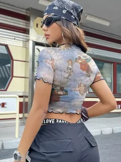 T-shirt slim à manches courtes et bordure en maille imprimée ange Cupidon pour femme 2026
