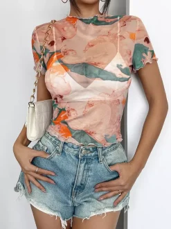 T-shirt slim à manches courtes et bordure en maille imprimée ange Cupidon pour femme 2026
