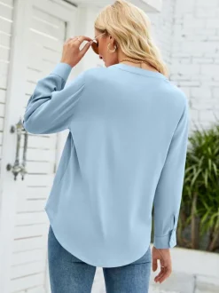 T-shirts À Manches Longues En Mousseline De Soie Blanche À Col En V Pour Femmes