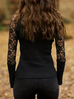 T-Shirts Noir En Dentelle À Manches Longues Col Montant Polyester Femmes Top