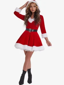 Tunique De Noël Pour Femme Robe À Ceinture Manche Longue Rouge Polyester Costumes De Vacances De Noël Cadeau Noël Déguisement