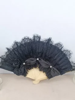 Éventail Rococo Style Lolita Accessoires Champagne Dentelle Fleurs Perles Vintage