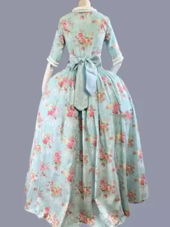 Vert rétro Costumes femmes imprimé fleuri volants n艙uds Polyester tunique robe Marie Antoinette Costume rétro fête robe de bal