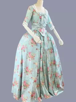 Vert rétro Costumes femmes imprimé fleuri volants n艙uds Polyester tunique robe Marie Antoinette Costume rétro fête robe de bal